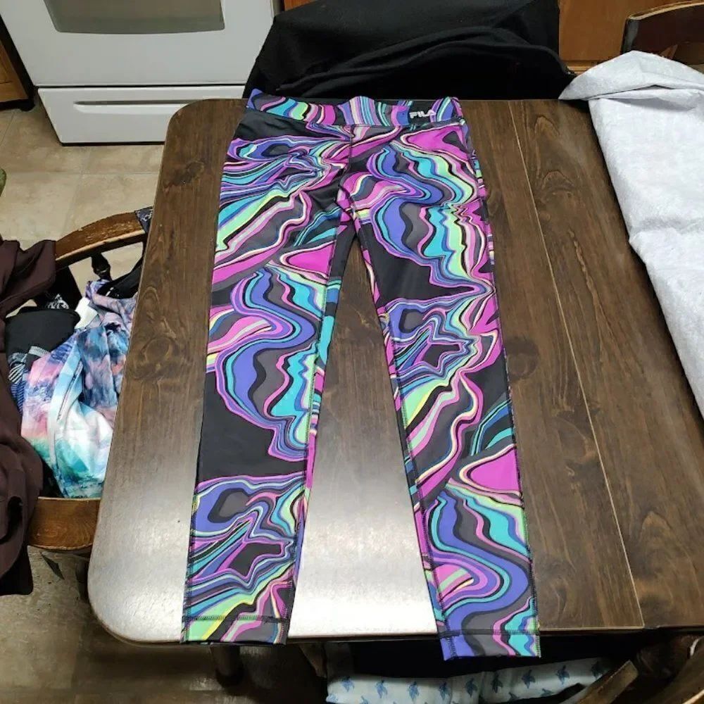 New Fila Sport Black Purple Multi-Colored Running Leggings Size Women's Small
